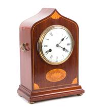 An English Inlaid Mahogany Lancet Clock Height 13 1/2 x width 9 1/4 x depth 5 inches. — LATE 19TH/EARLY 20TH CENTURY