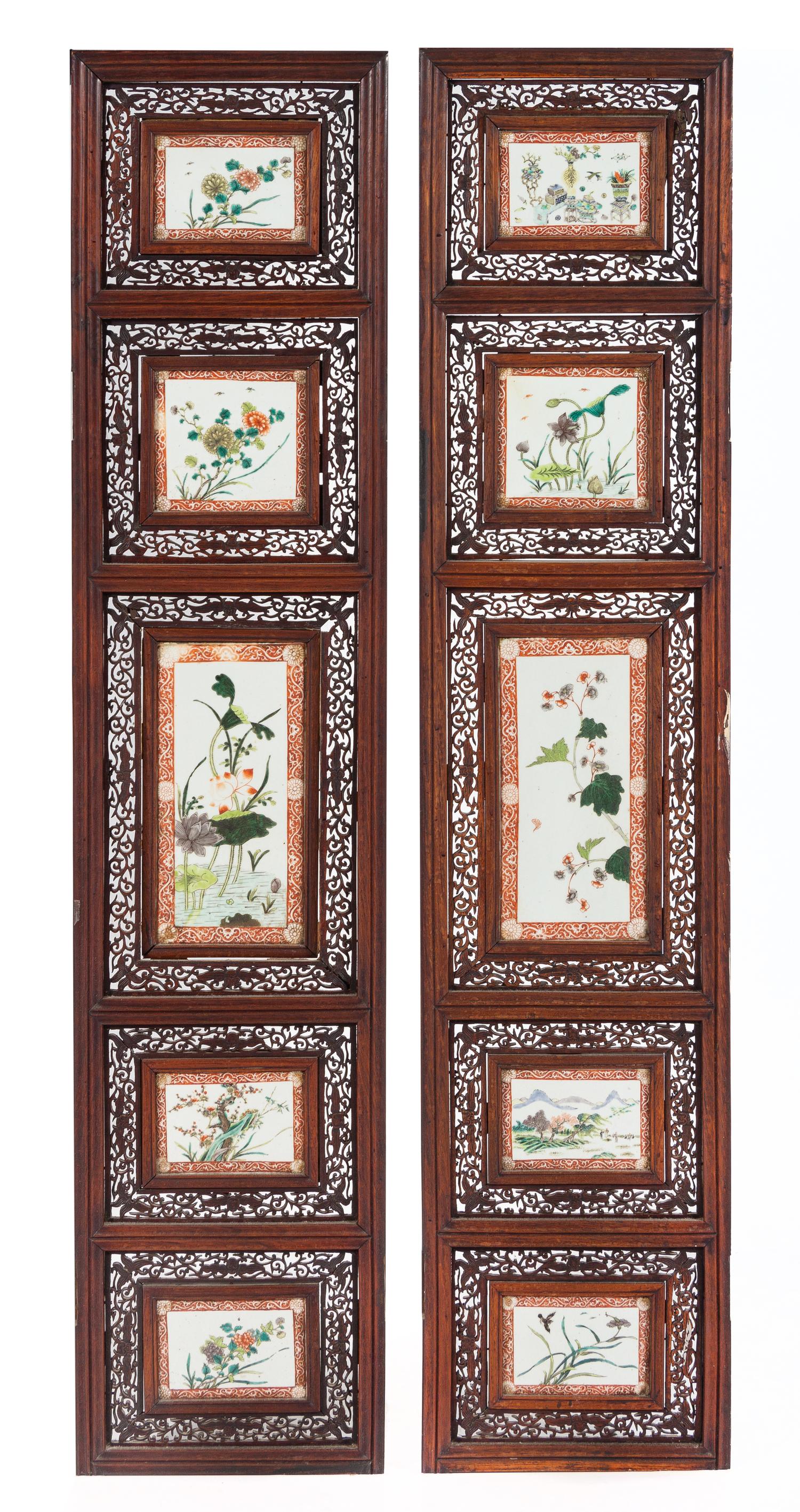 Two Famille Verte Porcelain Inset Hardwood Panels Height 57 x length 12 1/4 x width 1 inches (each). — LATE QING DYNASTY