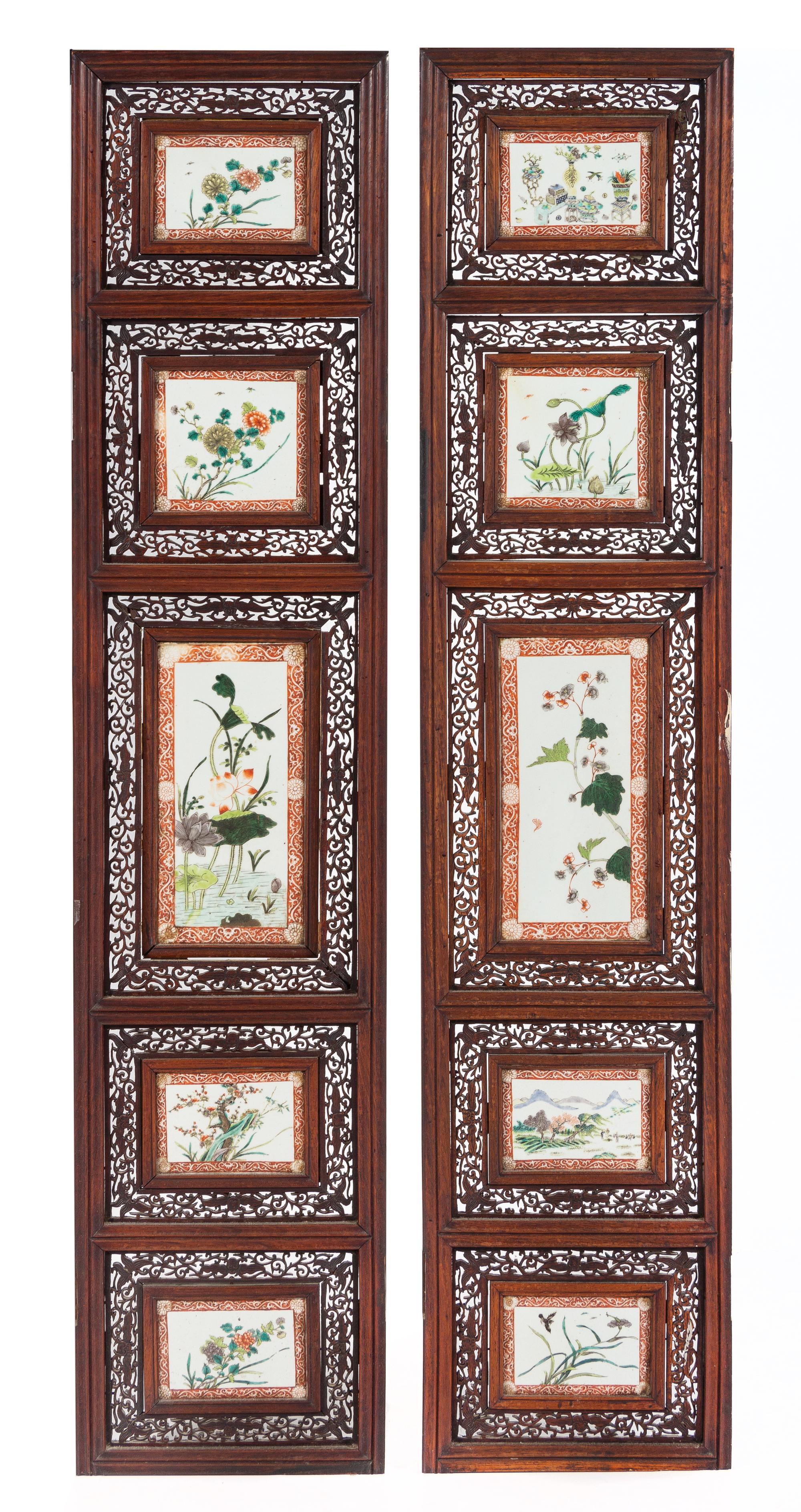 Two Famille Verte Porcelain Inset Hardwood Panels Height 57 x length 12 1/4 x width 1 inches (each). — LATE QING DYNASTY