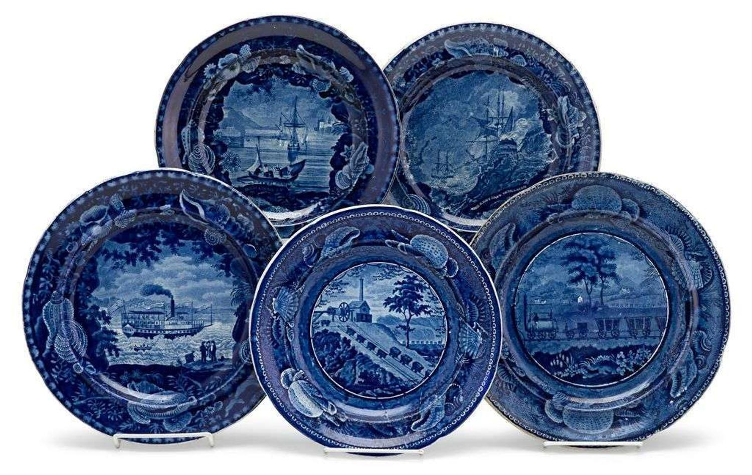 Staffordshire Historical Blue transferware plates with transportation scenes enoch wood & sons, burslem, early 19th century