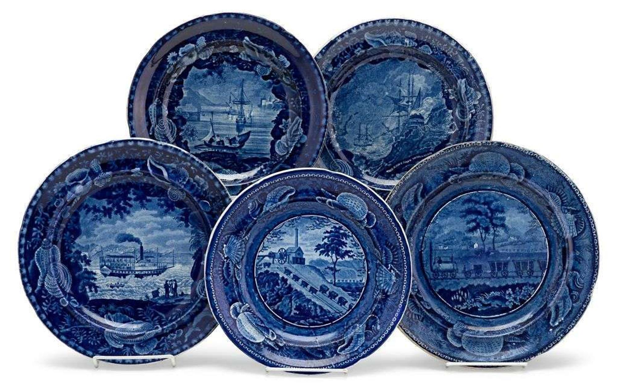 Staffordshire Historical Blue transferware plates with transportation scenes enoch wood & sons, burslem, early 19th century