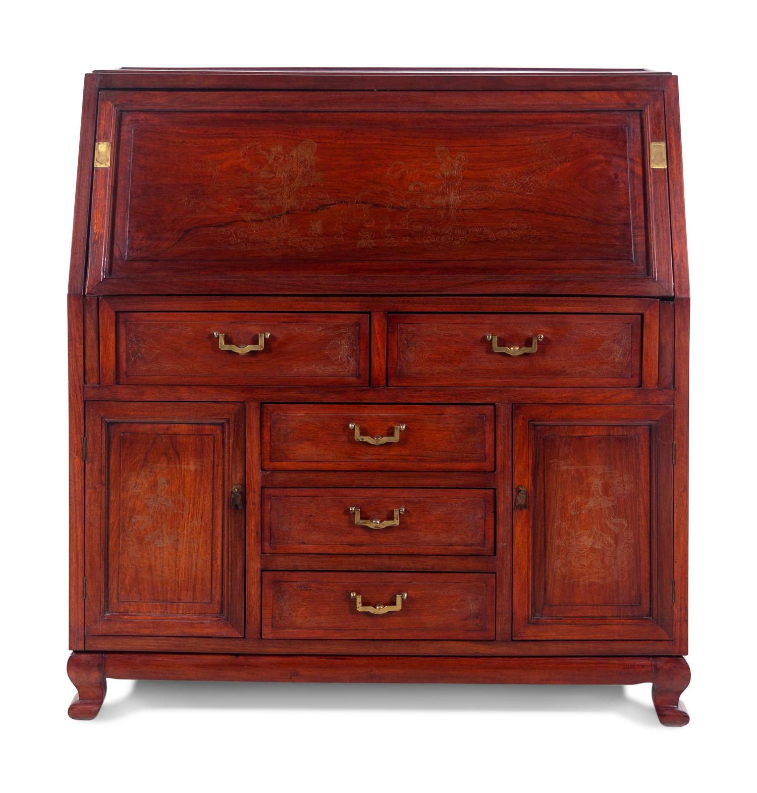 A Chinese Export Rosewood Gilt-Metal Inlaid Slant-Front Desk