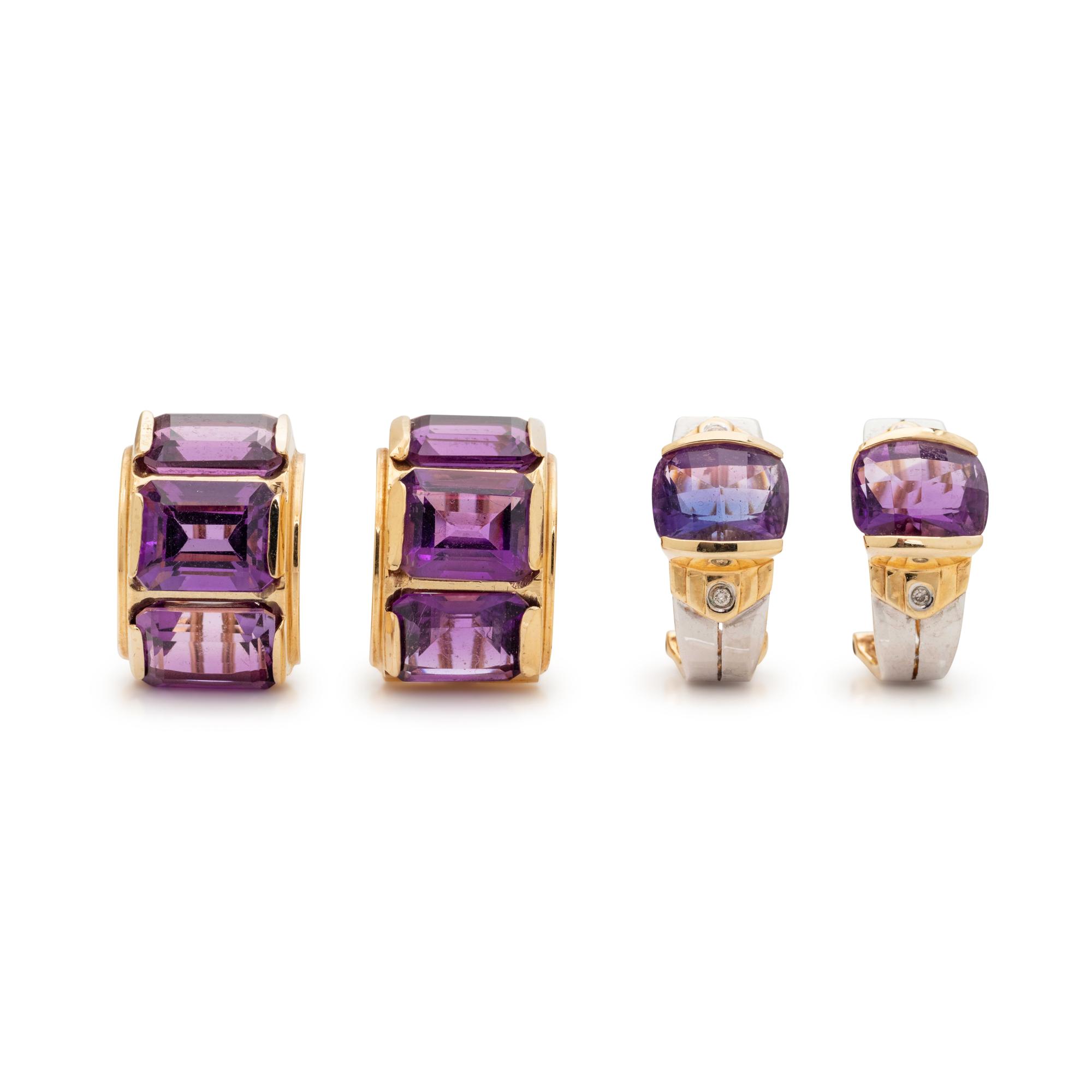 COLLECTION OF GOLD AND AMETHYST EARCLIPS