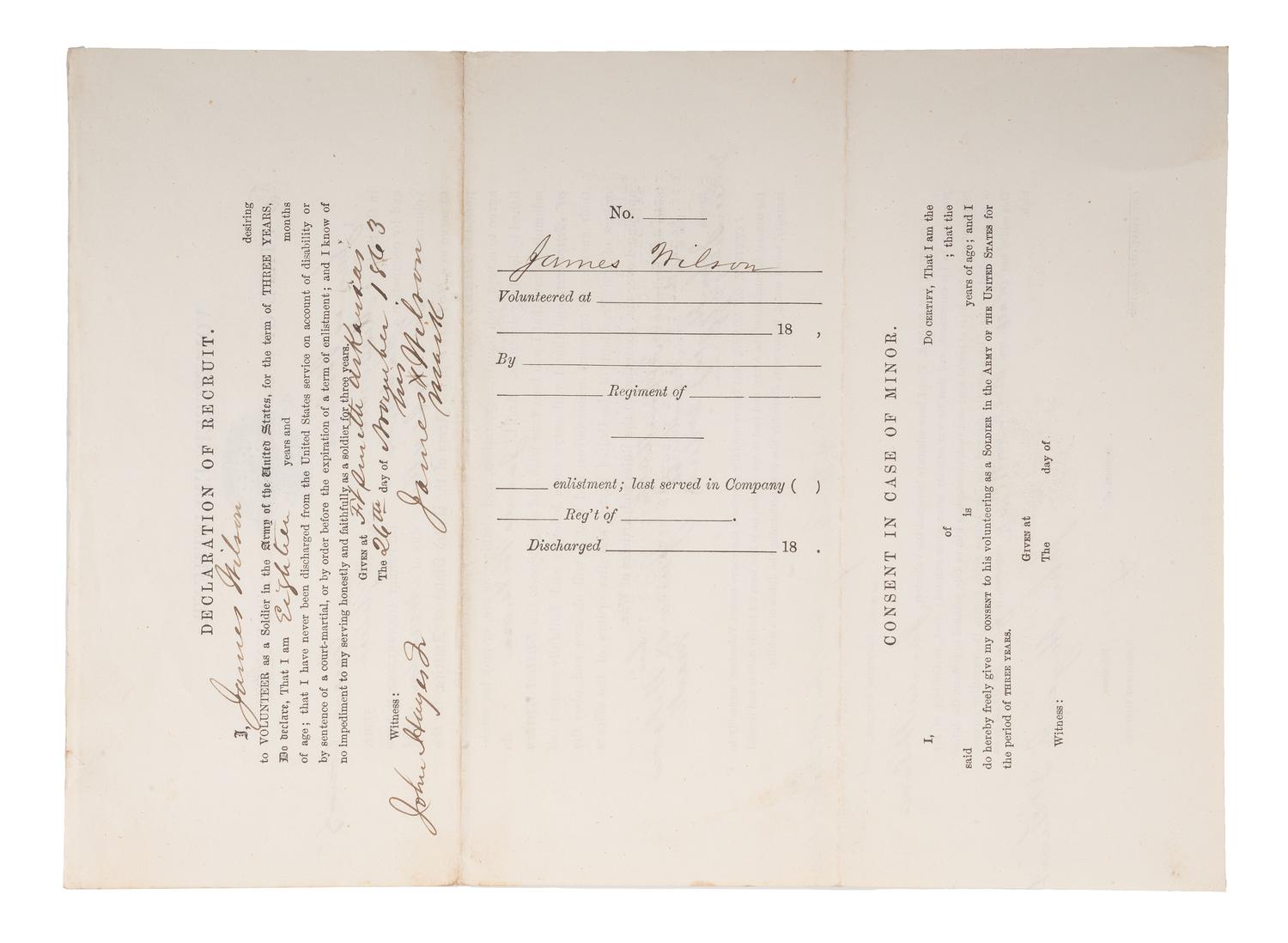 [CIVIL WAR]. WILSON, James (b. ca 1845). Partly printed volunteer enlistment document, 1st Kansas Colored Infantry, later 79th USCT. Fort Smith, AR, 25 November 1863.