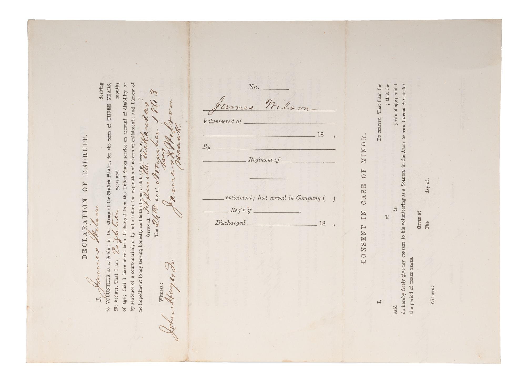 [CIVIL WAR]. WILSON, James (b. ca 1845). Partly printed volunteer enlistment document, 1st Kansas Colored Infantry, later 79th USCT. Fort Smith, AR, 25 November 1863.