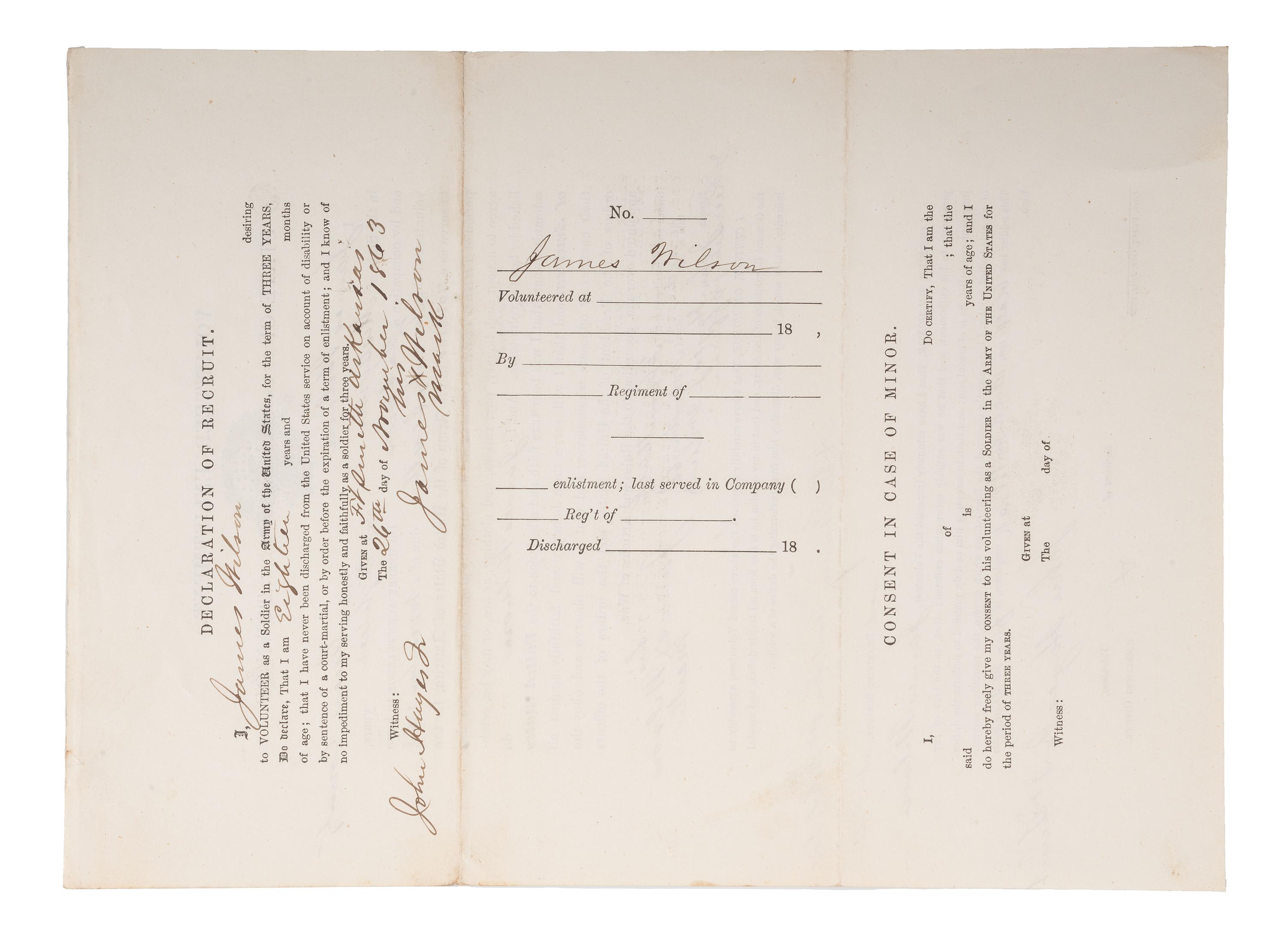 [CIVIL WAR]. WILSON, James (b. ca 1845). Partly printed volunteer enlistment document, 1st Kansas Colored Infantry, later 79th USCT. Fort Smith, AR, 25 November 1863.
