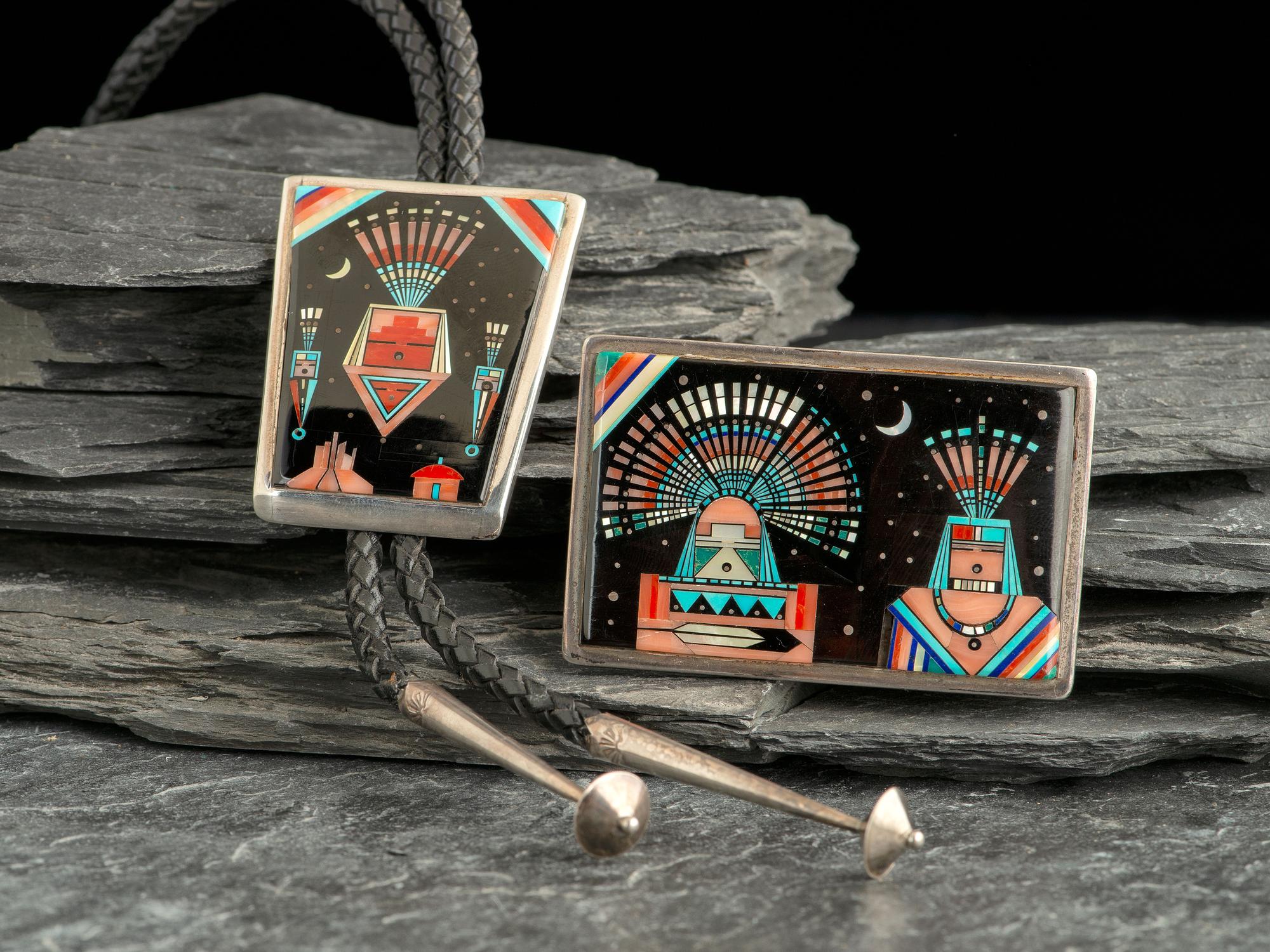 Silver and Mosaic Inlay Yeibichai Bolo and Belt Buckle Set