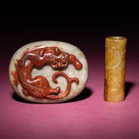 Two Chinese Jade Pendants, Qing Dynasty — 清 青玉巧雕螭龍紋佩及黃玉螭龍紋勒子