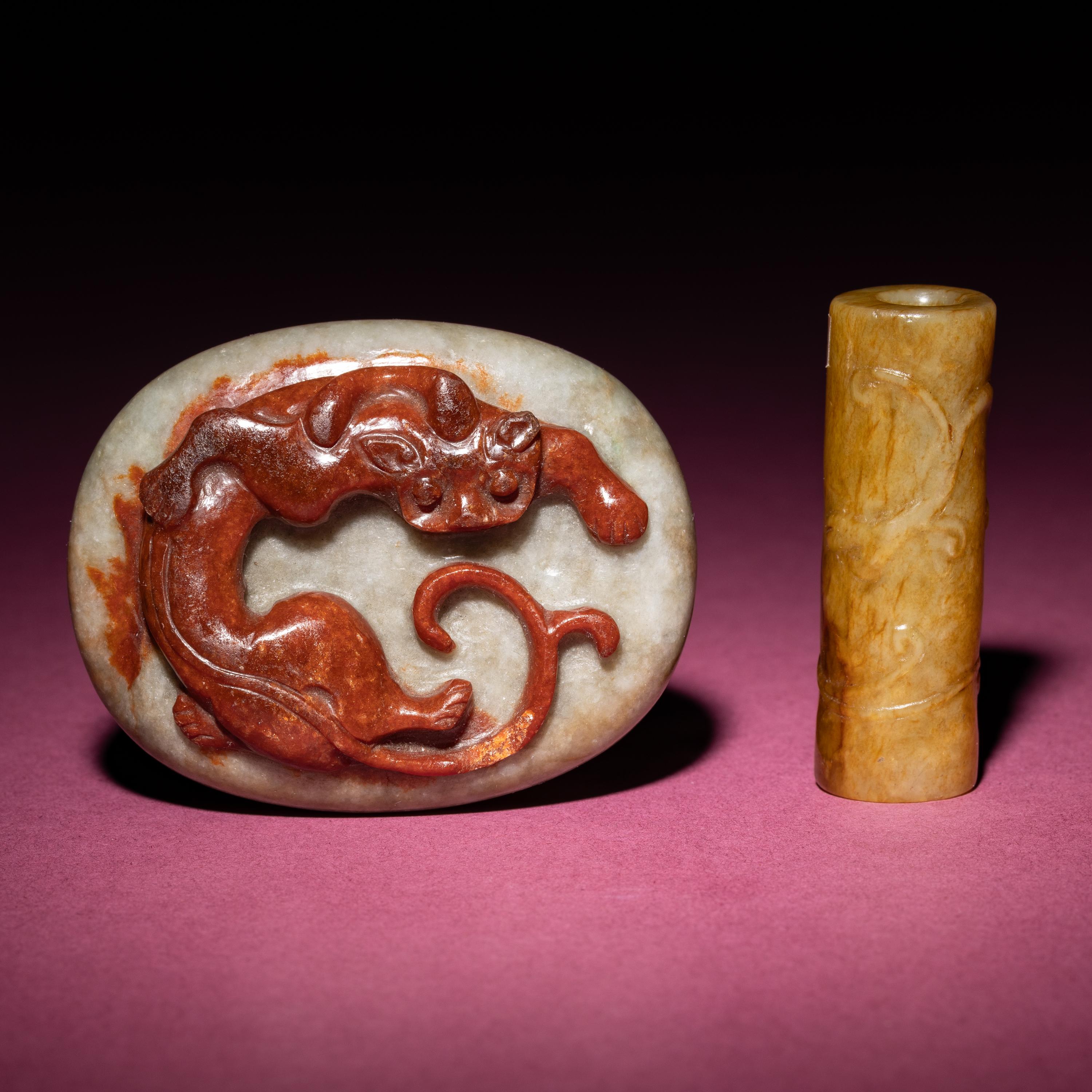 Two Chinese Jade Pendants, Qing Dynasty — 清 青玉巧雕螭龍紋佩及黃玉螭龍紋勒子