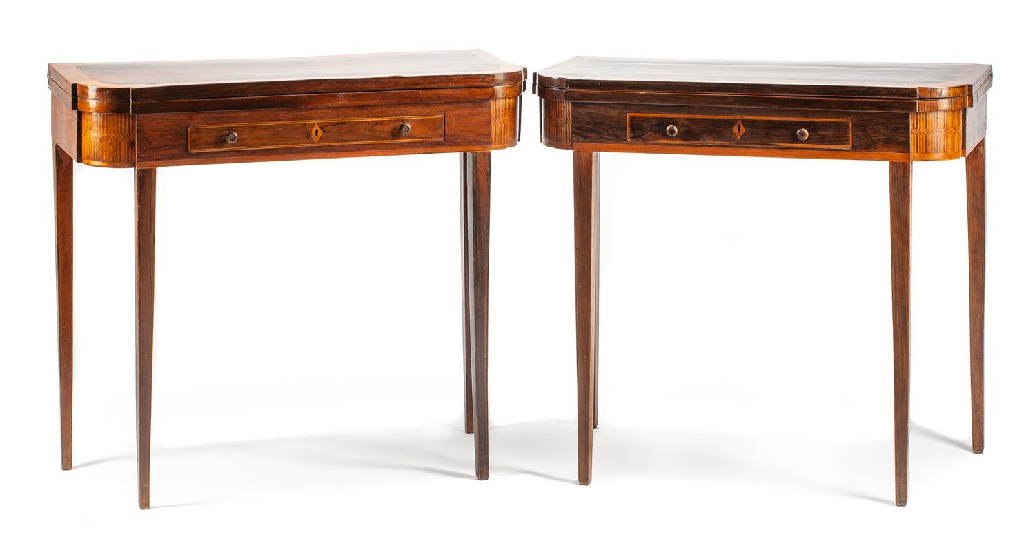 A Pair of George III Mahogany and Rosewood Flip-Top Tables Height 30 1/2 x width 33 1/2 x depth 17 inches. — LATE 18TH CENTURY