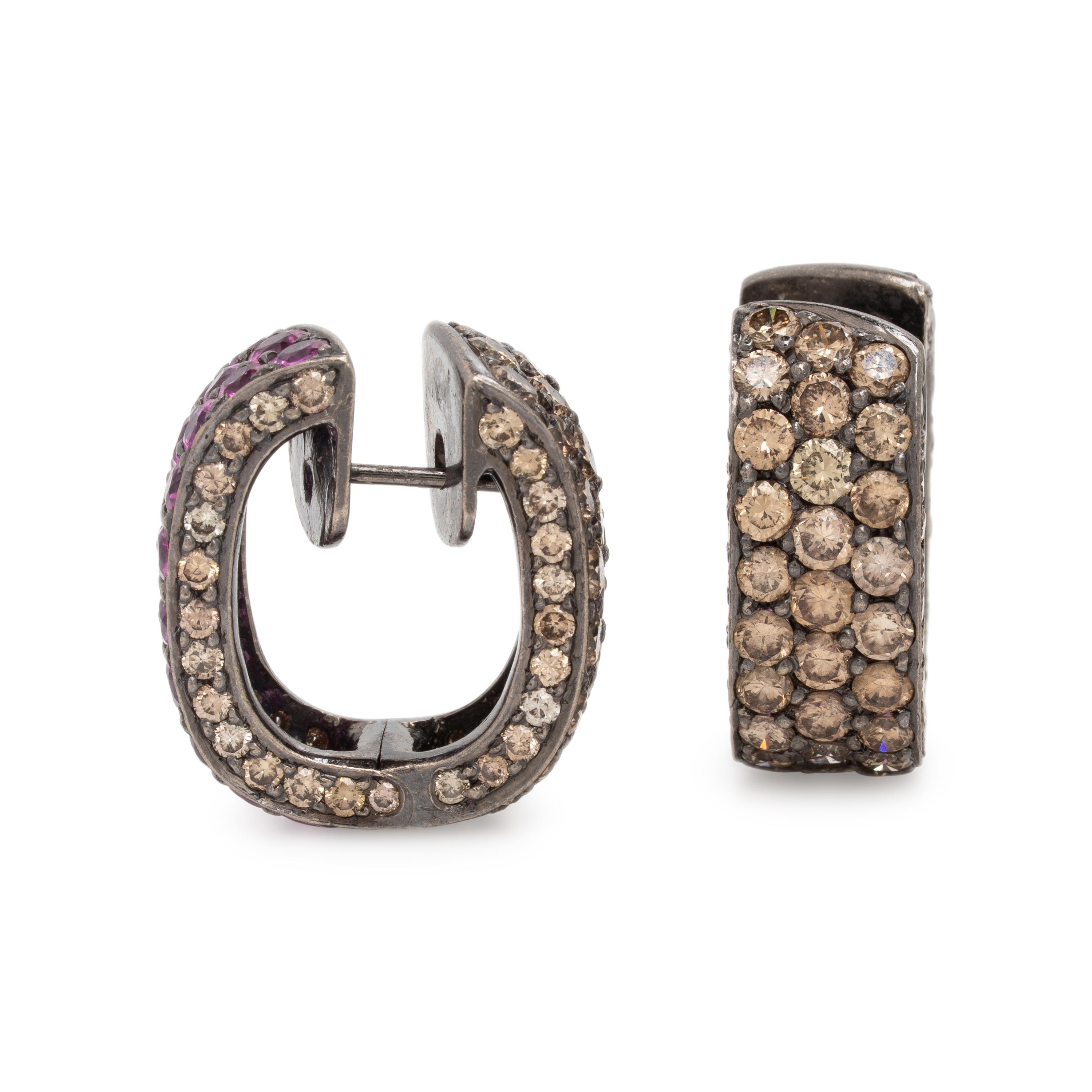 Pink Sapphire, Colored Diamond, and Blackened Gold Hoop Earrings