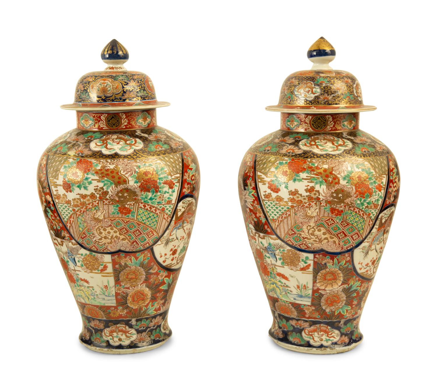 A Pair of Chinese Imari Palette Porcelain Covered Urns