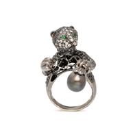 WENDY YUE, DIAMOND, CULTURED PEARL, AND BLACKENED GOLD PANTHER RING