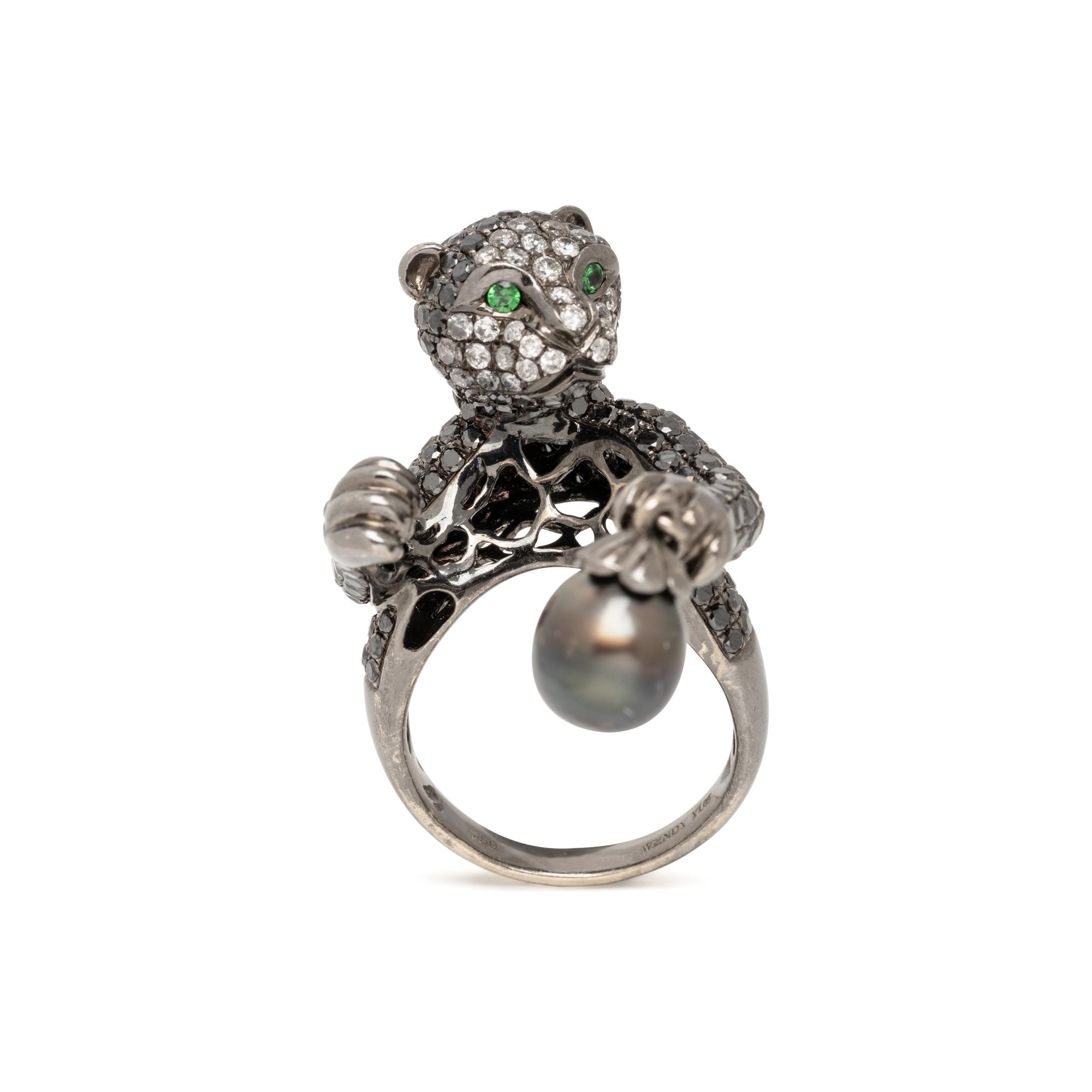 WENDY YUE, DIAMOND, CULTURED PEARL, AND BLACKENED GOLD PANTHER RING