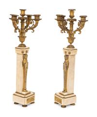A Pair of Louis Philippe Gilt Metal and Marble Four-Light Candelabra