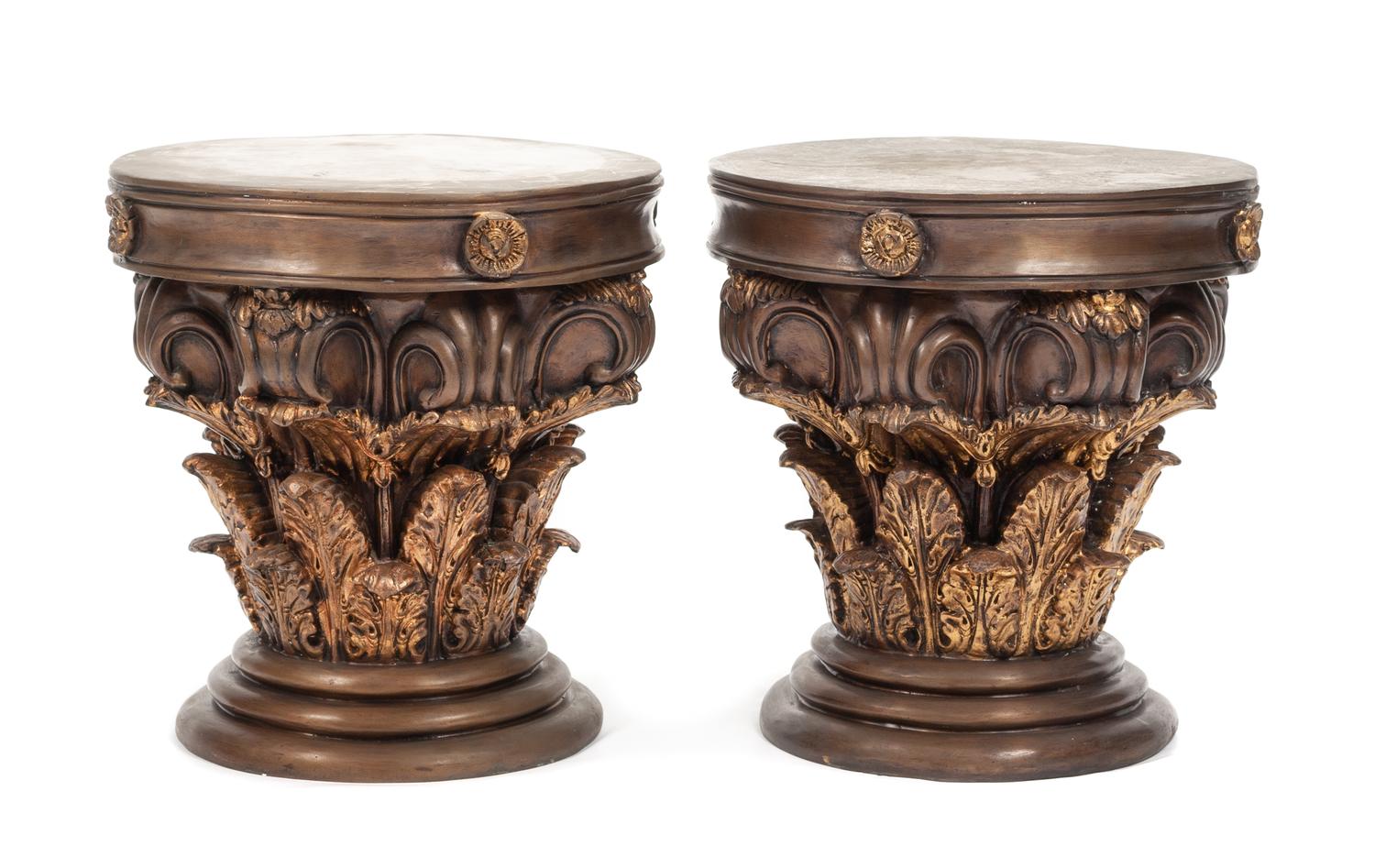 A Pair of Gilt and Patinated Bronze Stools Height 18 x diameter 16 1/2 inches.