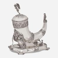 A Danish silver covered drinking horn on stand The horn by Anton Michelsen (1809-1877), the stand marked "AD," Copenhagen, Denmark, bearing date mark for 1855