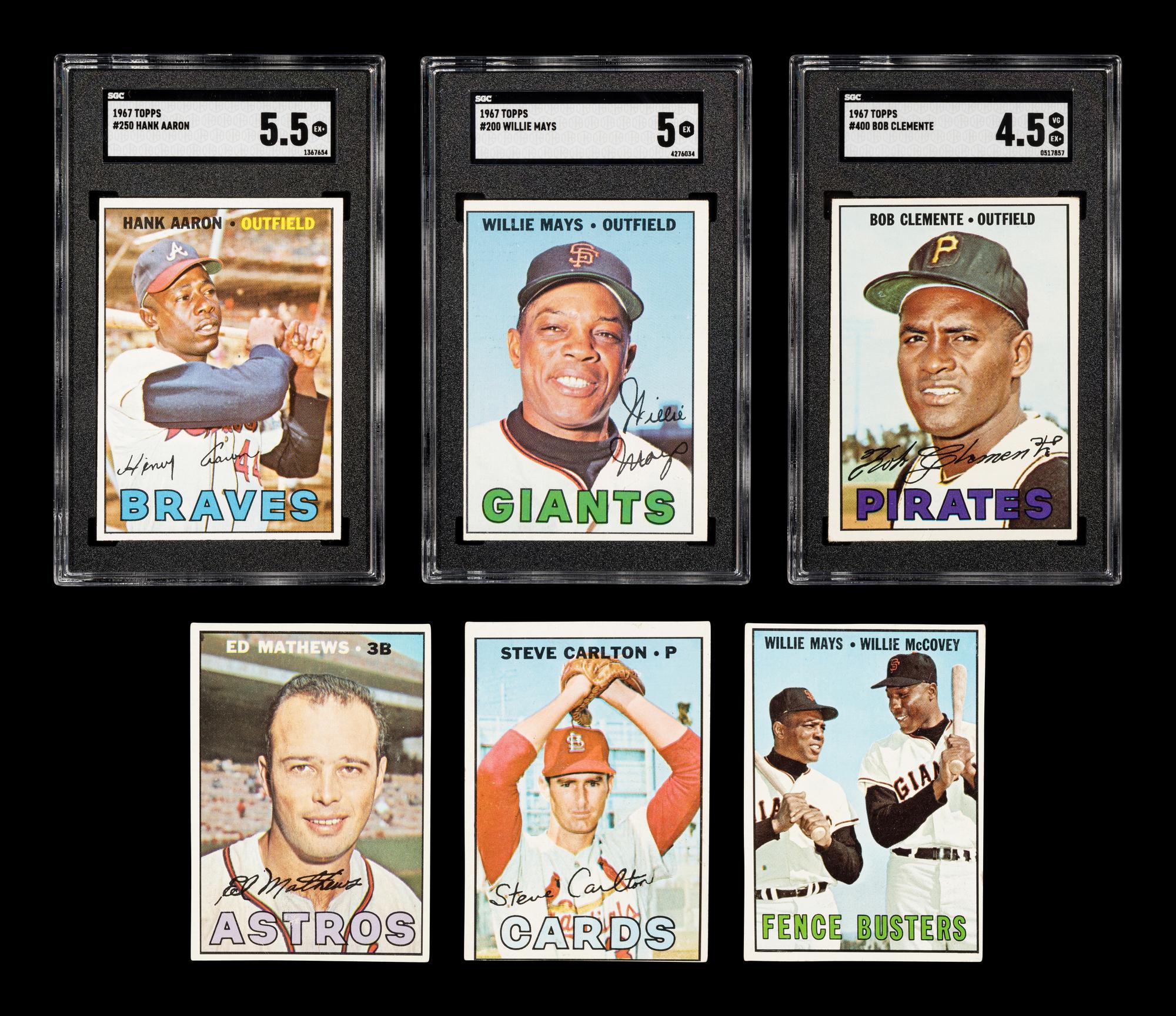A Group of Six 1967 Topps Hall of Fame Baseball Cards Including Willie Mays Hank Aaron and Roberto Clemente