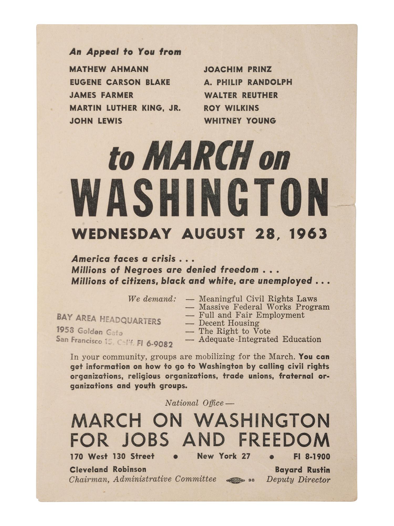 [CIVIL RIGHTS]. An Appeal to you...to March on Washington . New York, 1963.