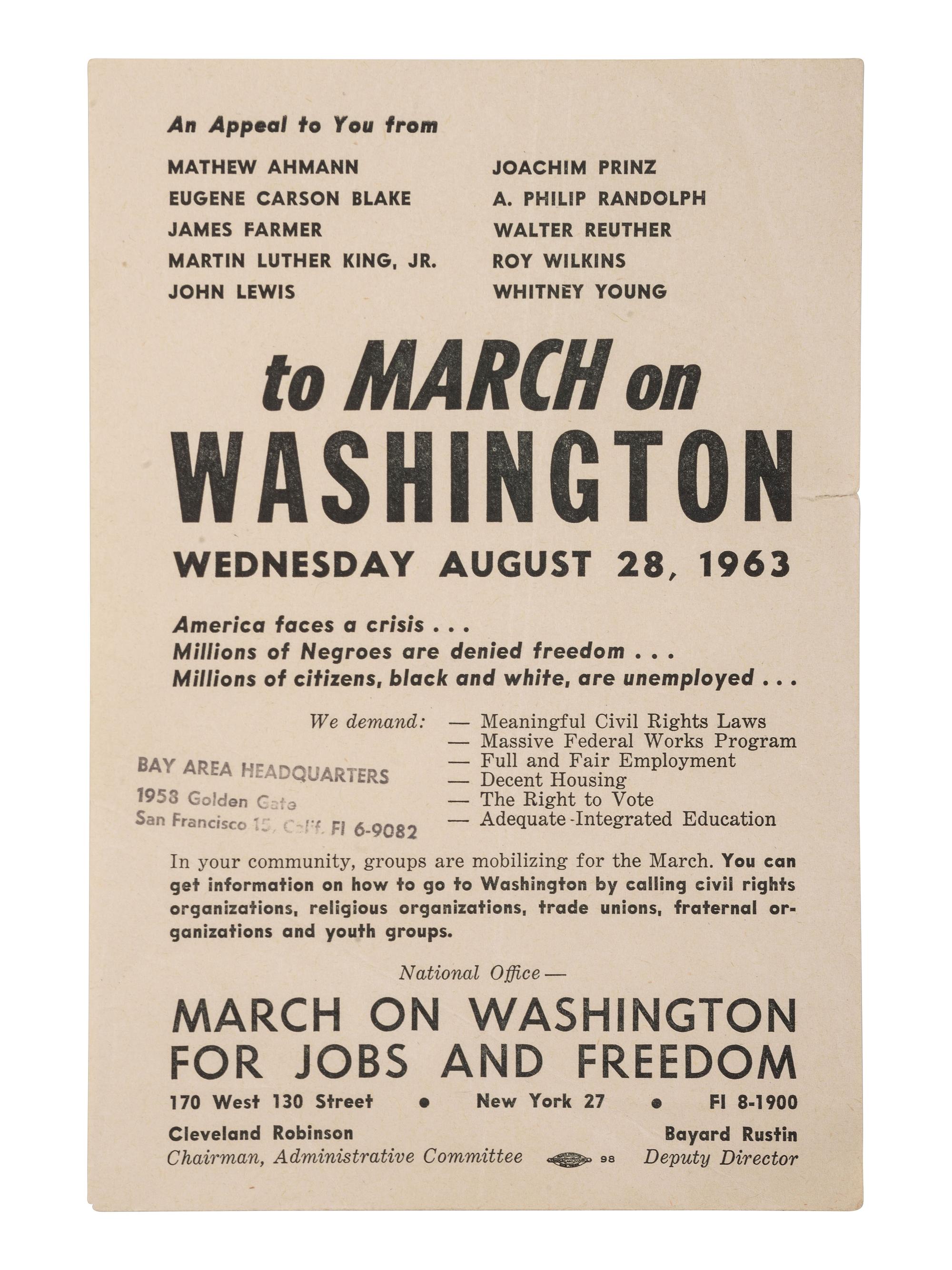 [CIVIL RIGHTS]. An Appeal to you...to March on Washington . New York, 1963.