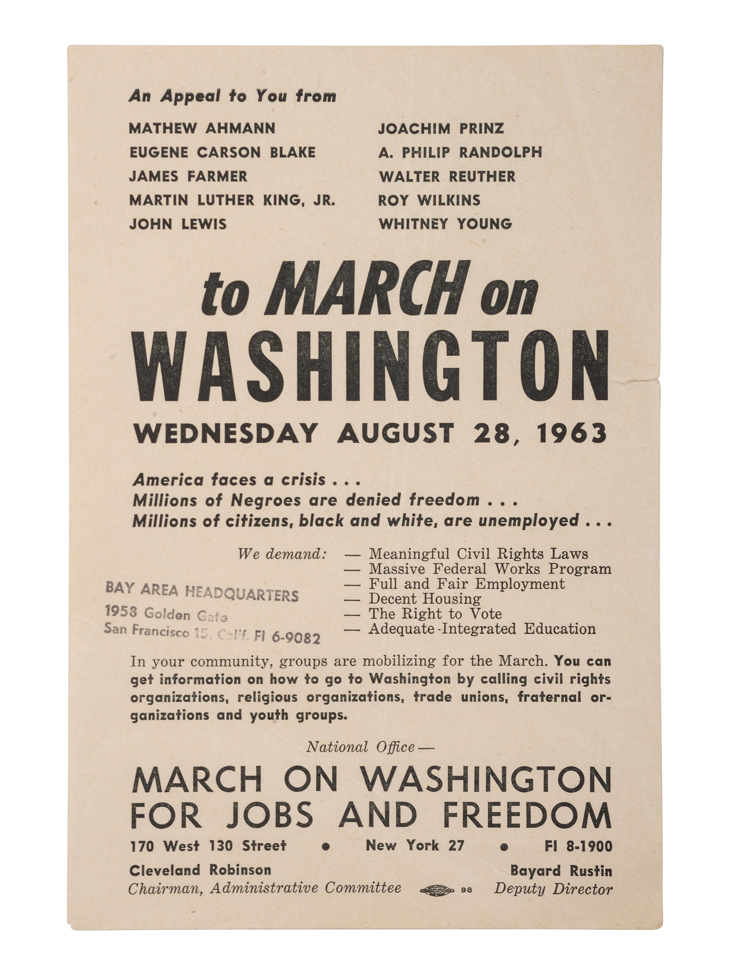 [CIVIL RIGHTS]. An Appeal to you...to March on Washington . New York, 1963.