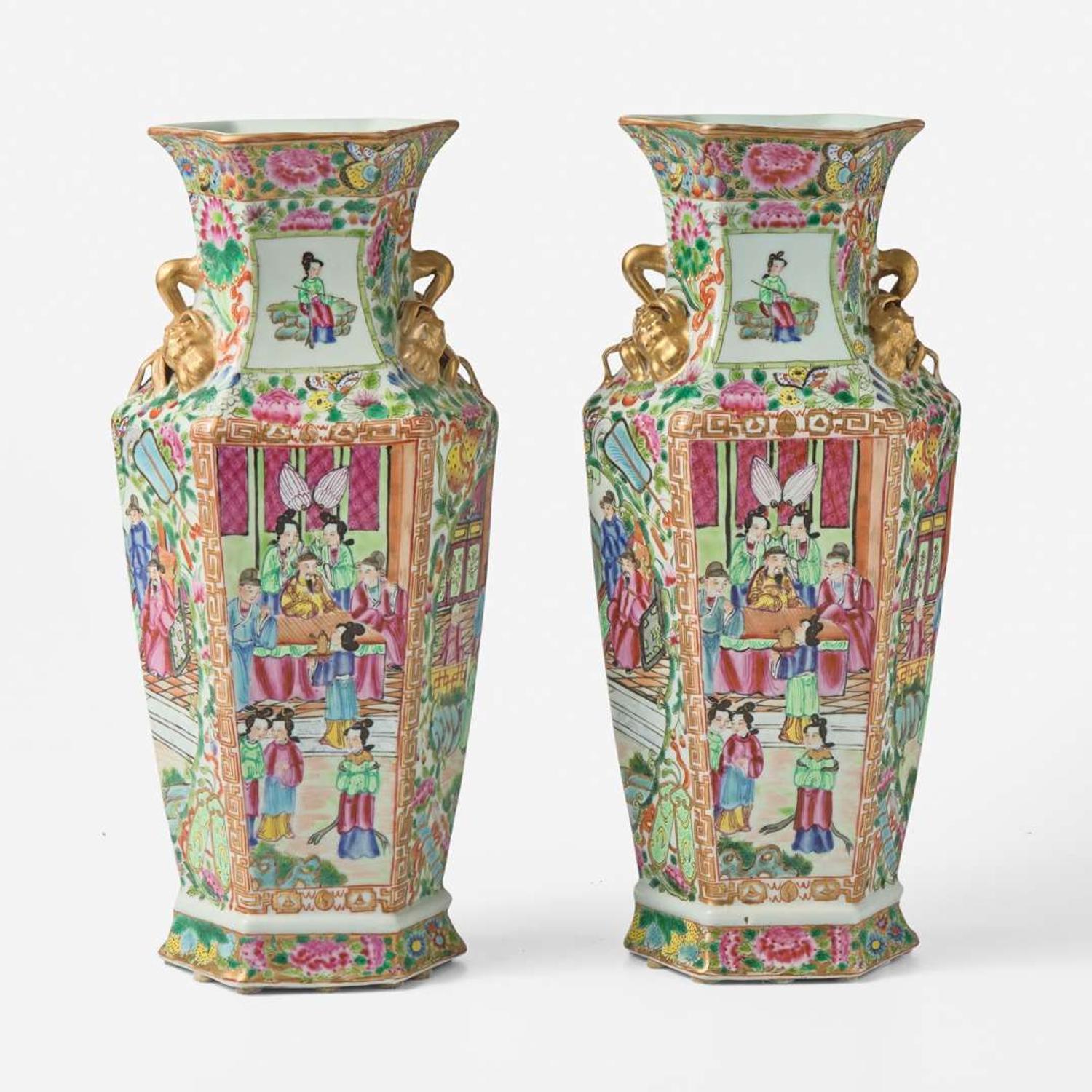 A pair of Chinese "Rose Medallion" hexagonal baluster vases 粉彩六方瓶一對