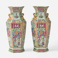 A pair of Chinese "Rose Medallion" hexagonal baluster vases 粉彩六方瓶一對