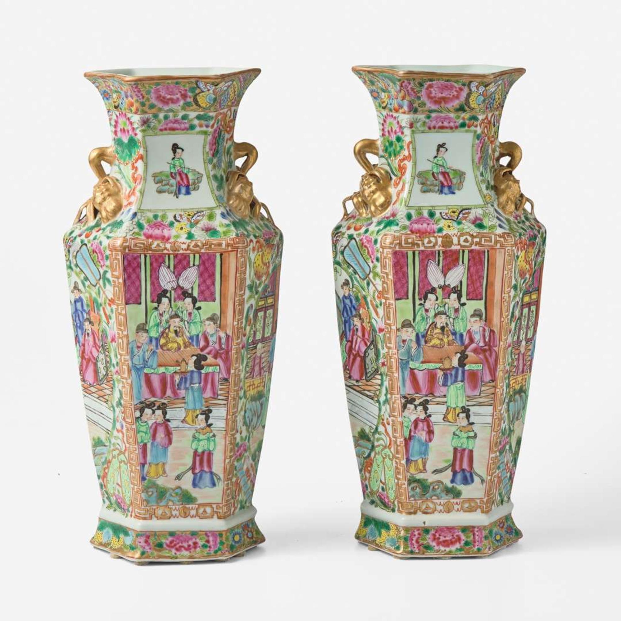 A pair of Chinese "Rose Medallion" hexagonal baluster vases 粉彩六方瓶一對
