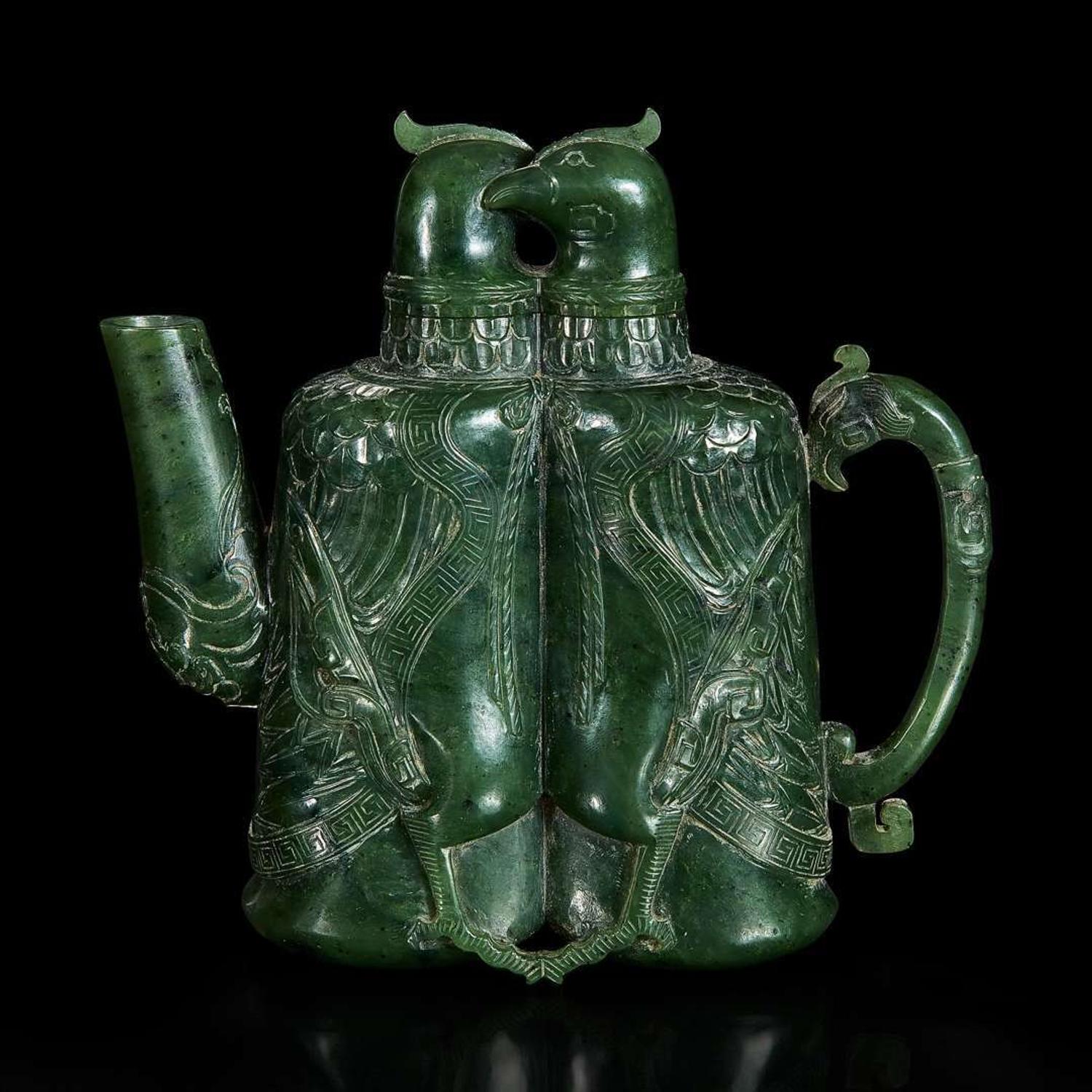 An unusual Chinese spinach jade archaistic "Double-bird" ewer 双天鸡碧玉壶