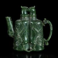 An unusual Chinese spinach jade archaistic "Double-bird" ewer 双天鸡碧玉壶