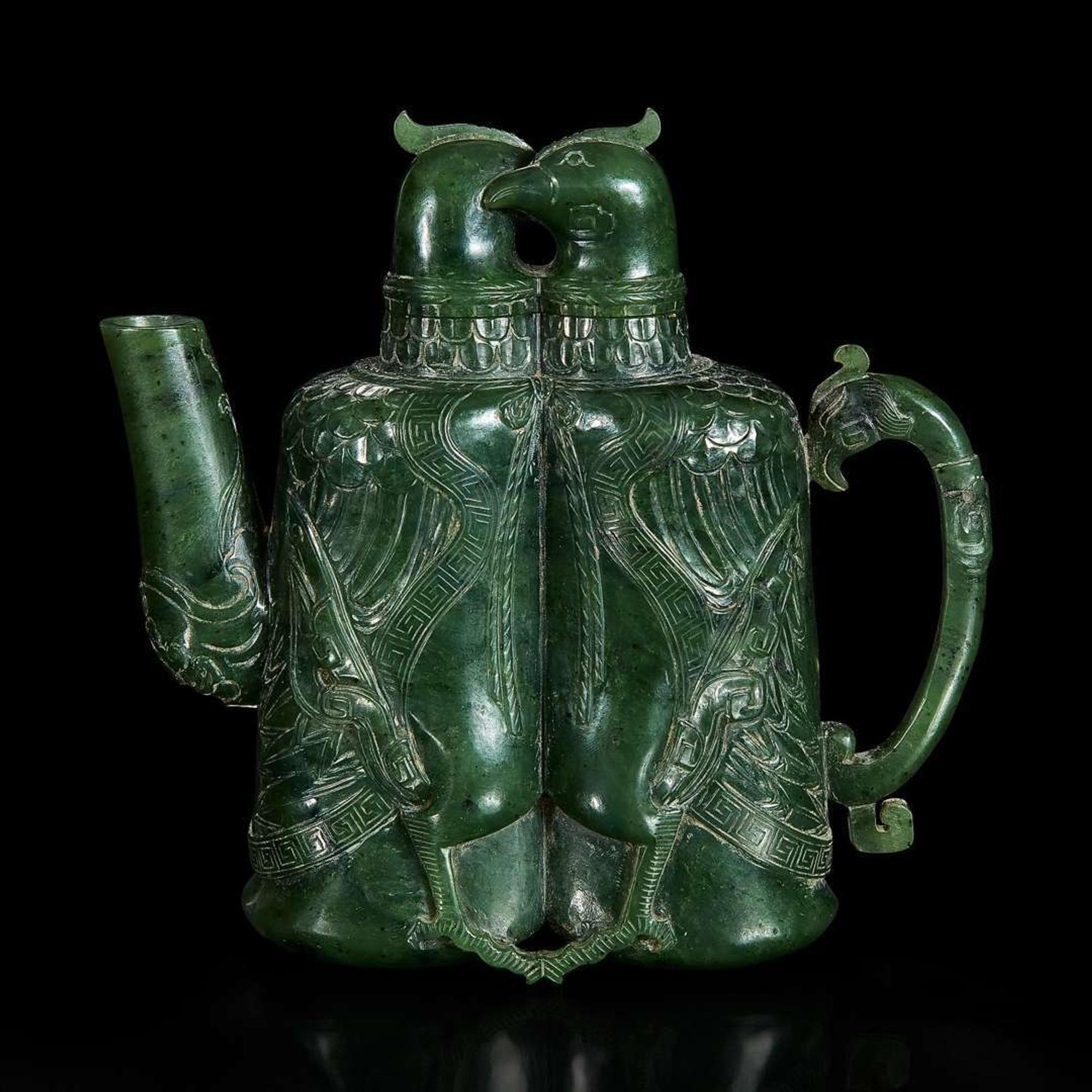 An unusual Chinese spinach jade archaistic "Double-bird" ewer 双天鸡碧玉壶