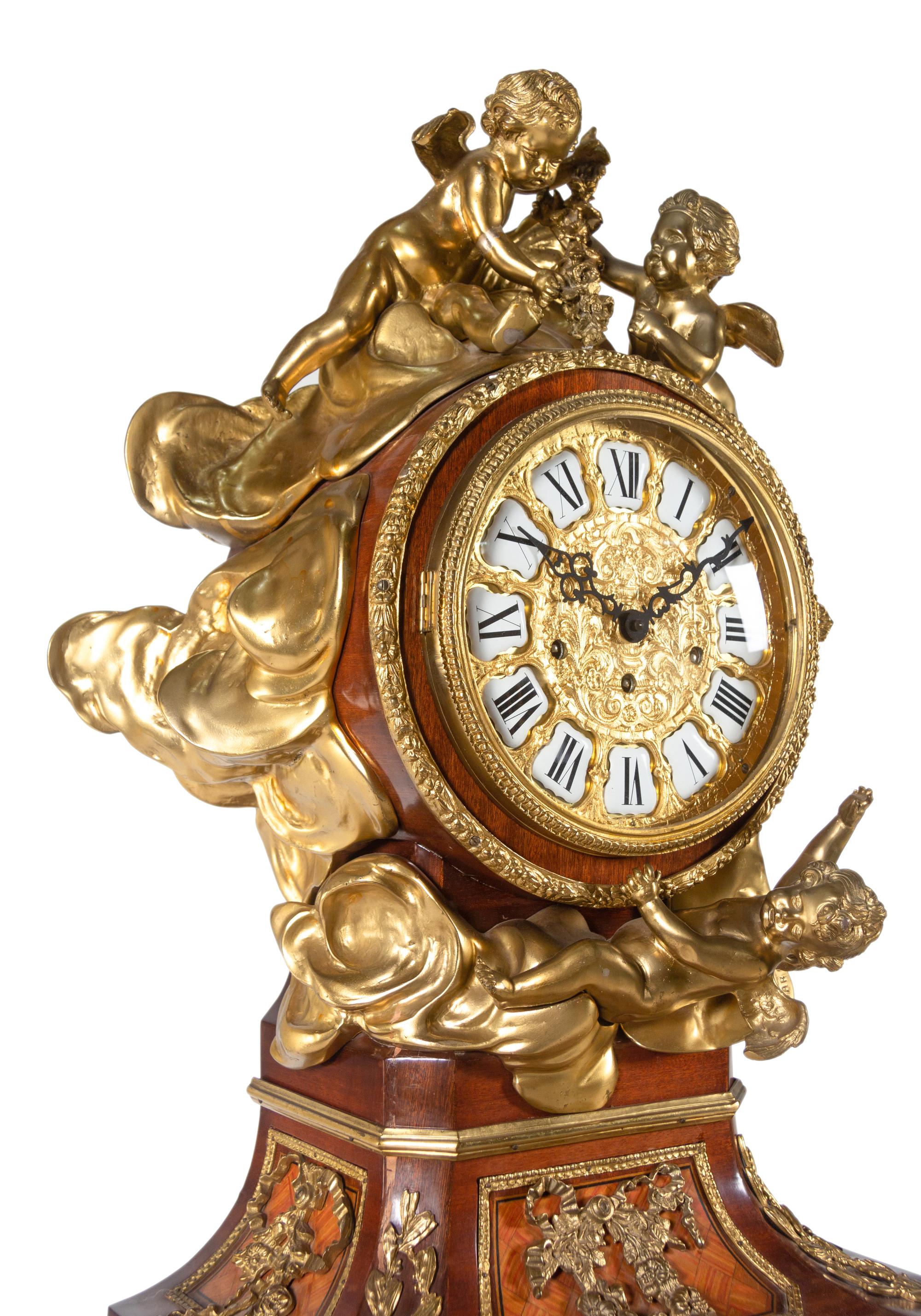 A Louis XVI Style Gilt Bronze Mounted Parquetry and Mahogany Régulateur de Pendule