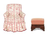 An American Empire Mahogany Foot Stool and a Printed Cotton Slip-Upholstered Club Chair