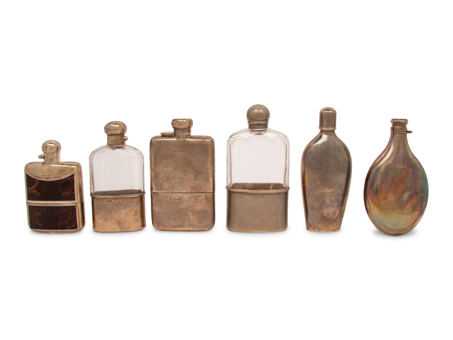 A Group of Six English Silver and Silver-Mounted Flasks