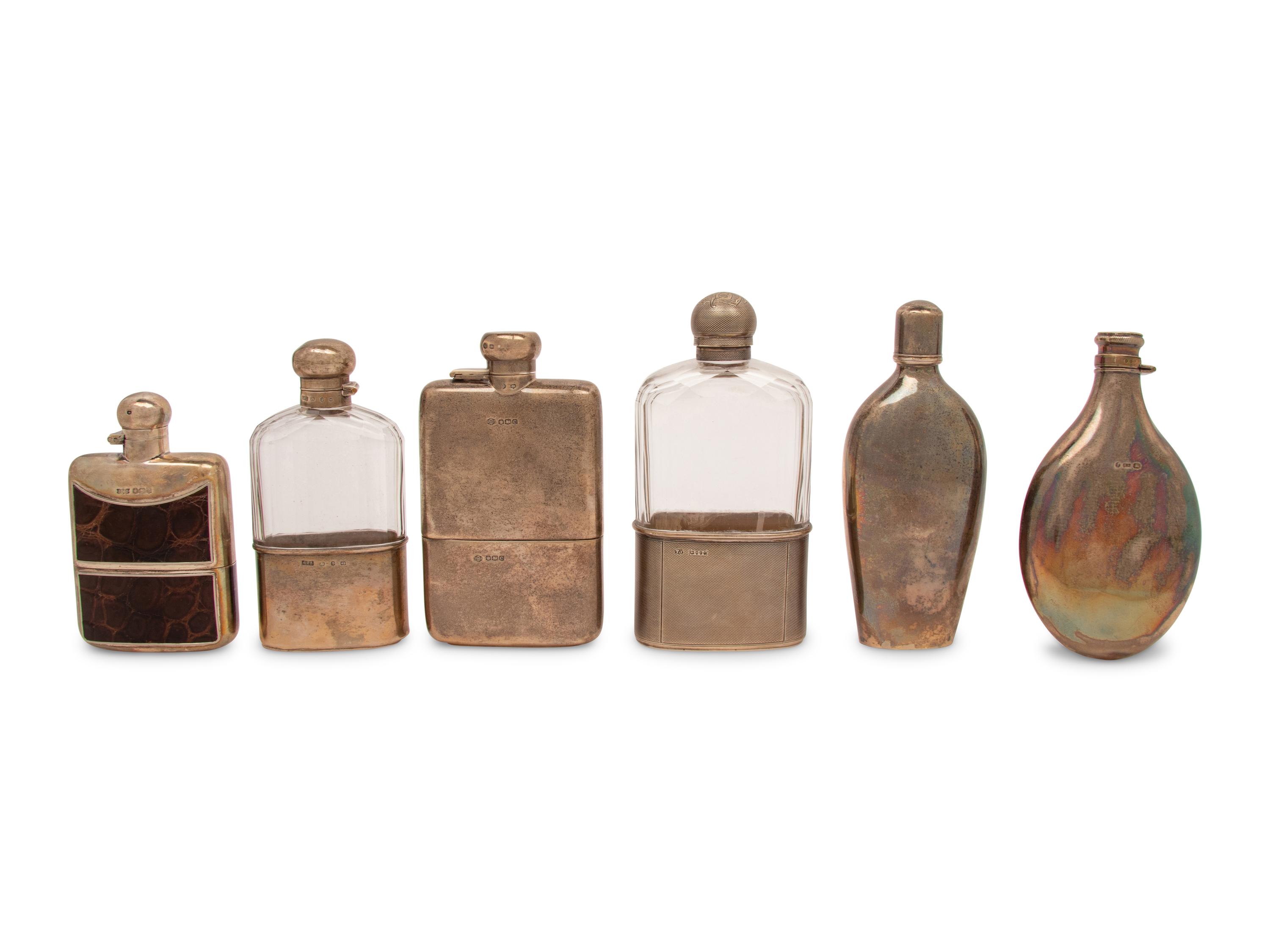 A Group of Six English Silver and Silver-Mounted Flasks