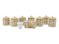 Eight Chinese Famille Jaune Porcelain Covered Jars and A Chinese Export Blue and White Porcelain Covered Tureen