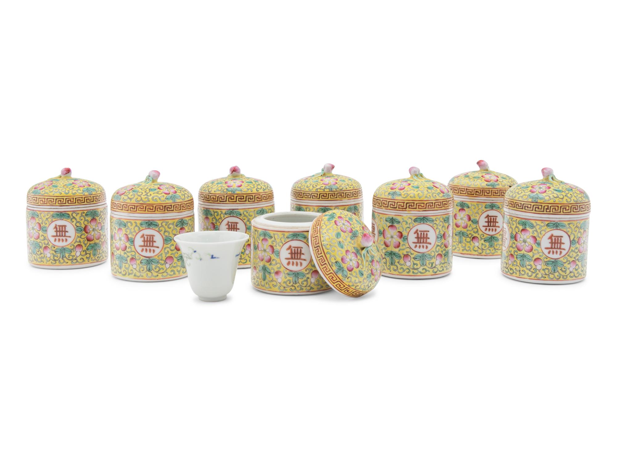 Eight Chinese Famille Jaune Porcelain Covered Jars and A Chinese Export Blue and White Porcelain Covered Tureen