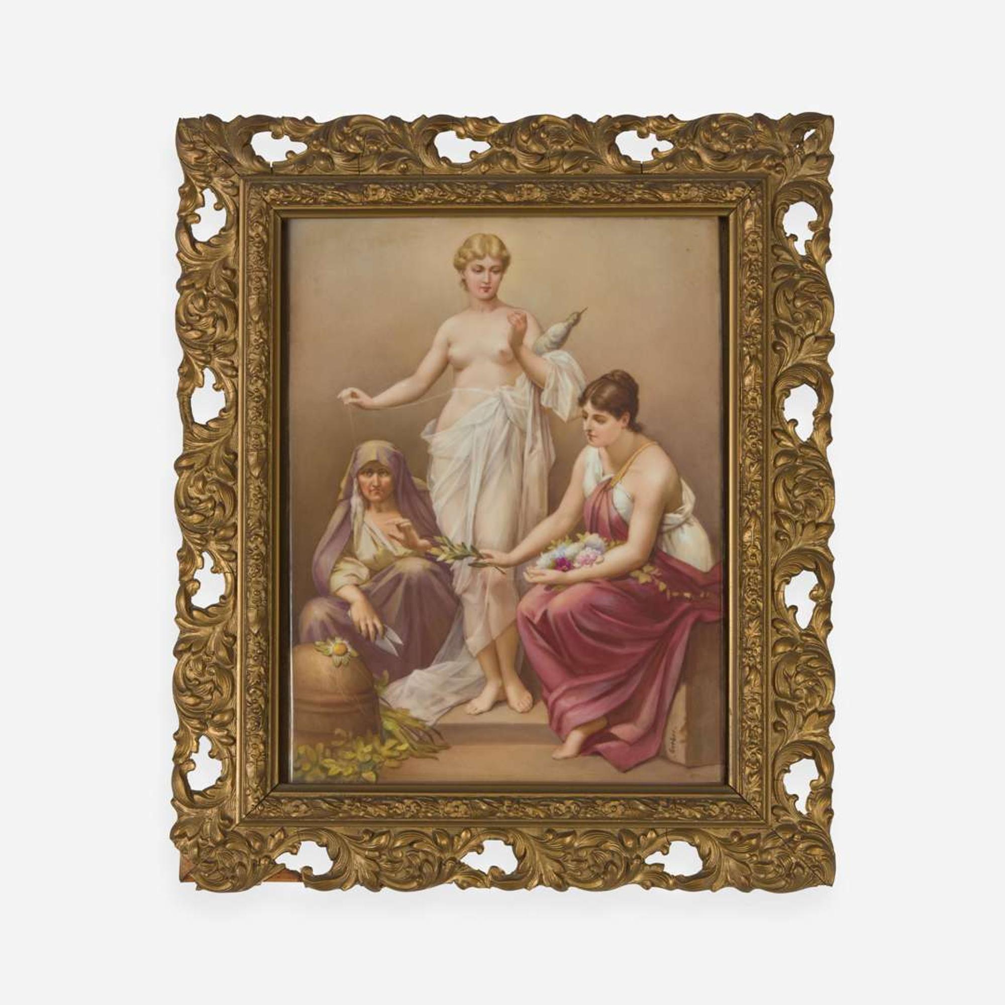 A Royal Vienna style painted porcelain plaque depicting The Fates late 19th / early 20th century