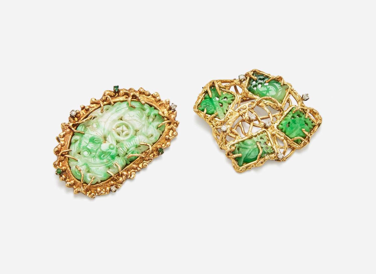A Pair of Brutalist Jade Brooches