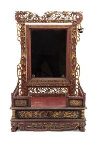 A Chinese Parcel Gilt Red Lacquer Carved Wood Dressing Mirror Height of mirror 31 x width 20 inches. — LATE 19th CENTURY