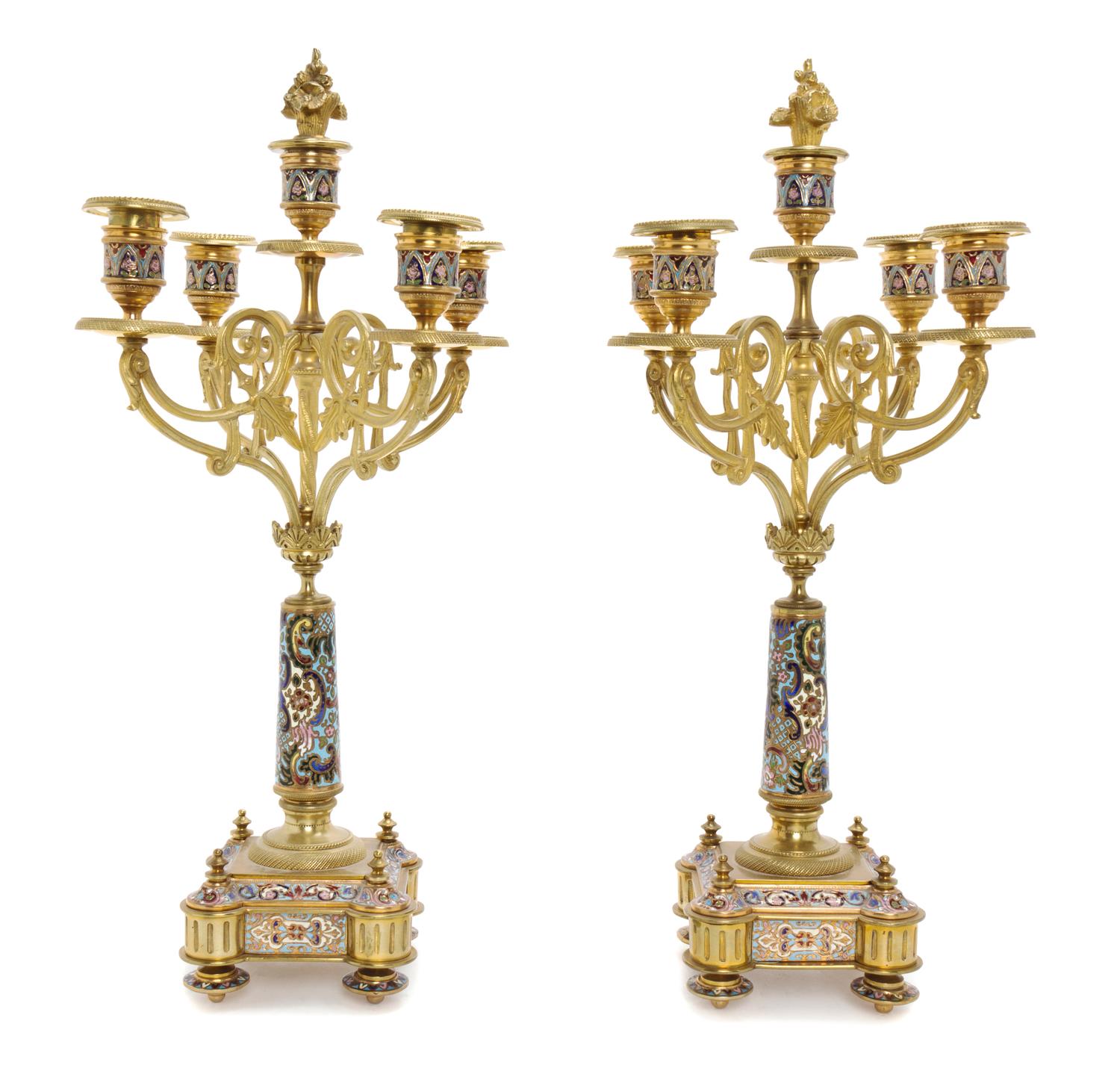A Pair of French Gilt Bronze and Champleve Candelabra, Height 17 1/2 inches.