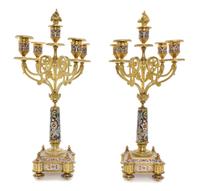 A Pair of French Gilt Bronze and Champleve Candelabra, Height 17 1/2 inches.