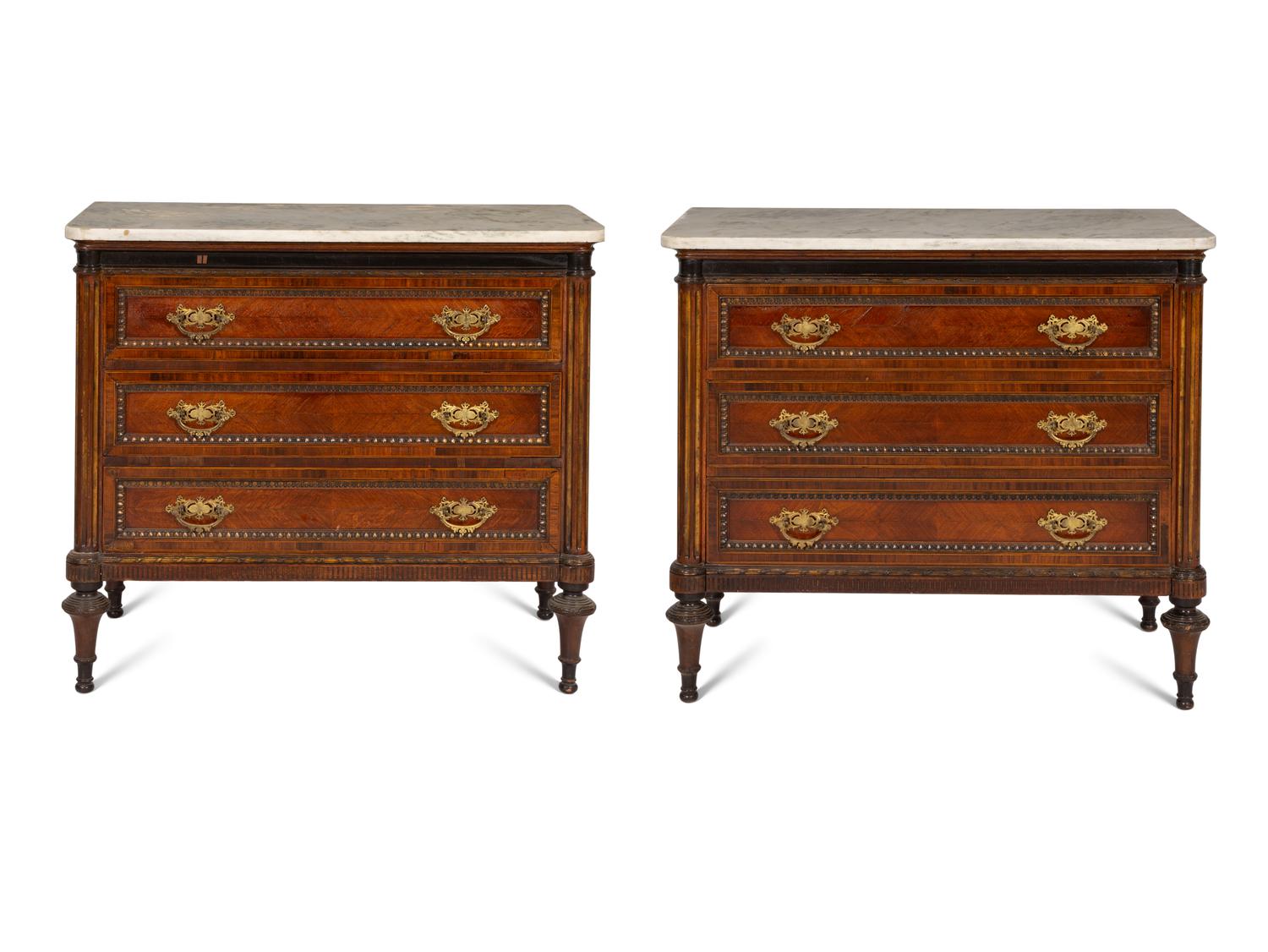A Pair of Louis XVI Style Gilt Bronze Mounted Mahogany Marble-Top Chests of Drawers