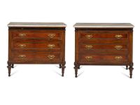 A Pair of Louis XVI Style Gilt Bronze Mounted Mahogany Marble-Top Chests of Drawers