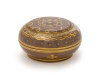 A Small Gilt Decorated Brown Glazed Porcelain Seal Paste Box and Cover Diameter 2 1/2 inches.