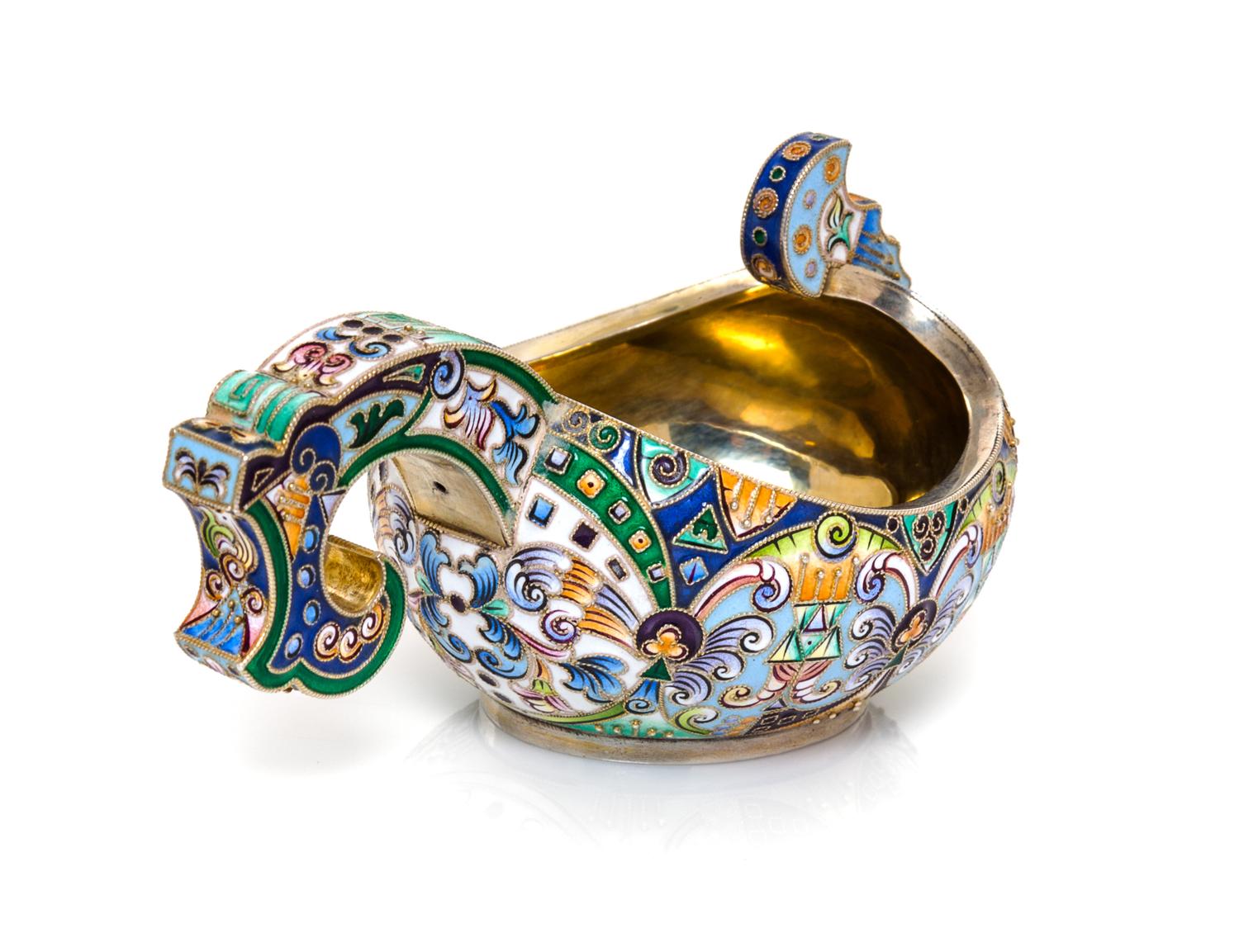 A Russian Enameled Silver Kovsh, Mark of Fedor Ruckert, Moscow, Late 19th/Early 20th Century, the body decorated with polychrome foliat