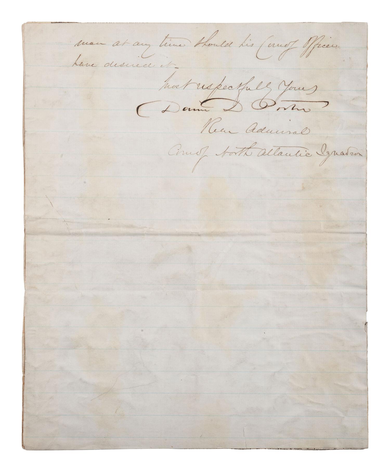 [CIVIL WAR]. PORTER, David Dixon (1813-1891). Letter signed on US Flagship Malvern letterhead.