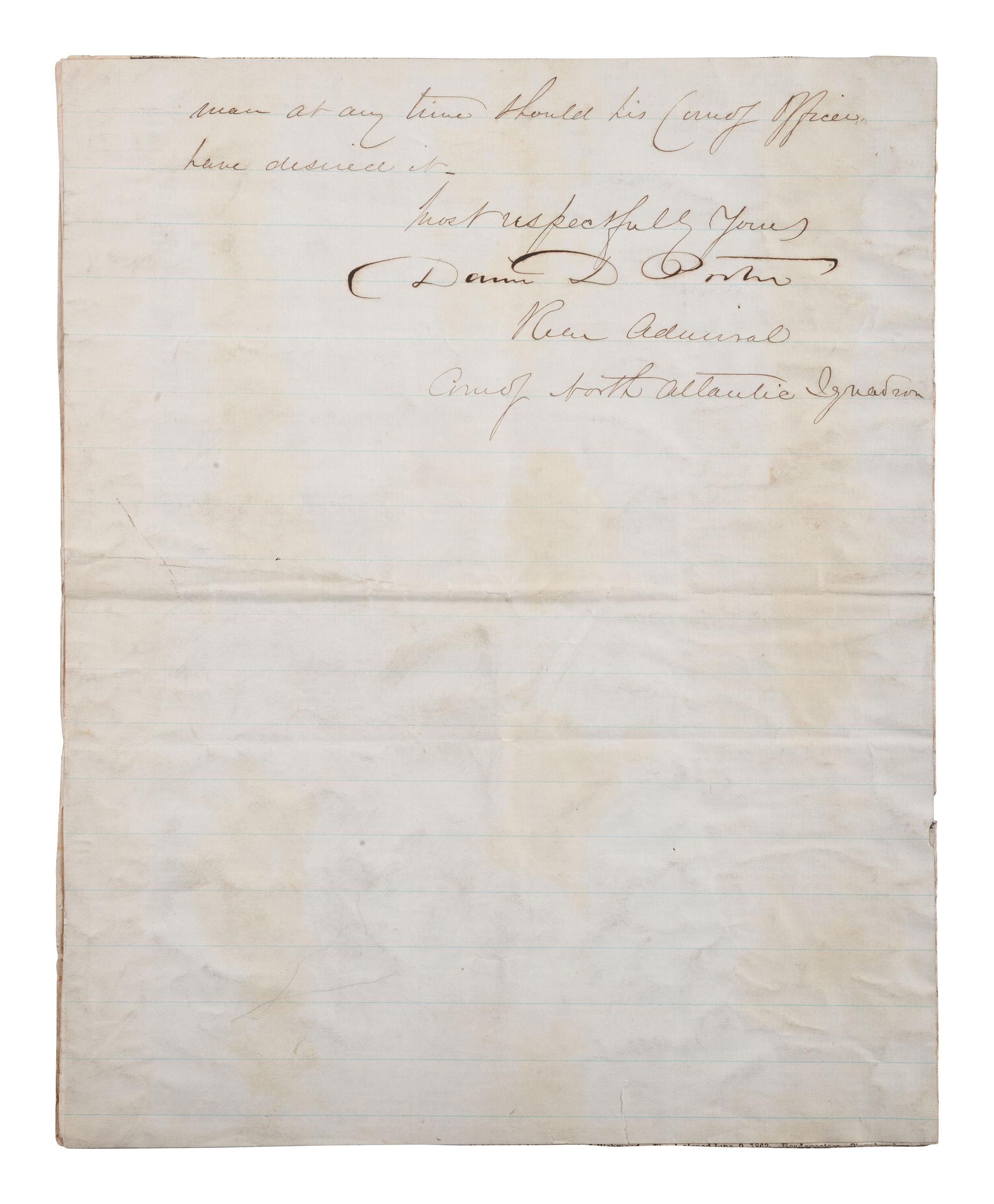 [CIVIL WAR]. PORTER, David Dixon (1813-1891). Letter signed on US Flagship Malvern letterhead.