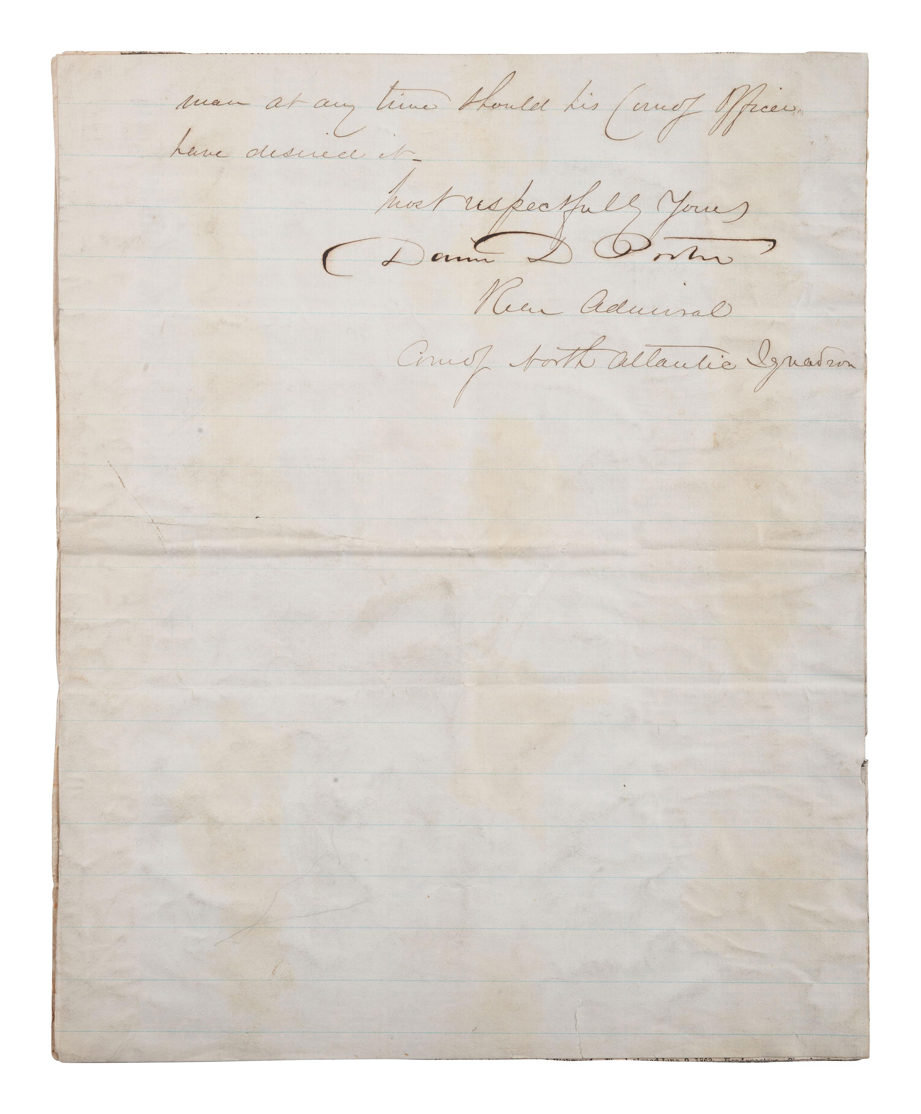 [CIVIL WAR]. PORTER, David Dixon (1813-1891). Letter signed on US Flagship Malvern letterhead.
