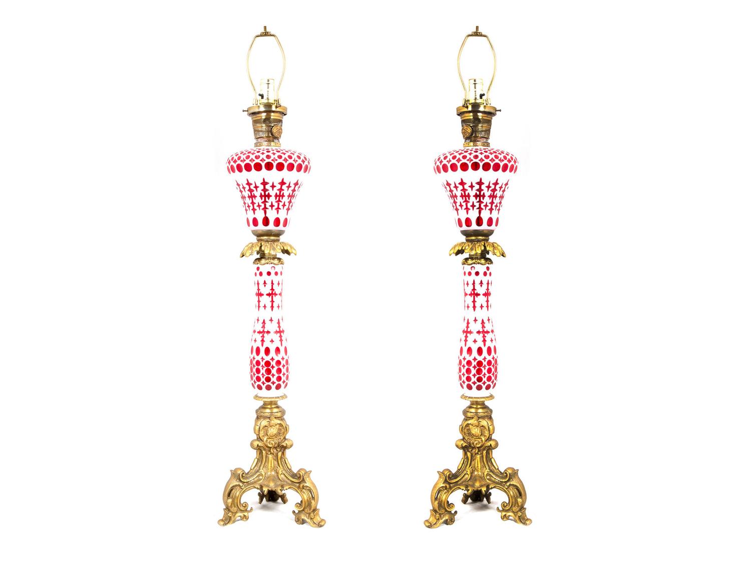 A Pair of White Opaque Cut-to-Cranberry Glass Fluid Lamps by Boston and Sandwich Glass Co., MA